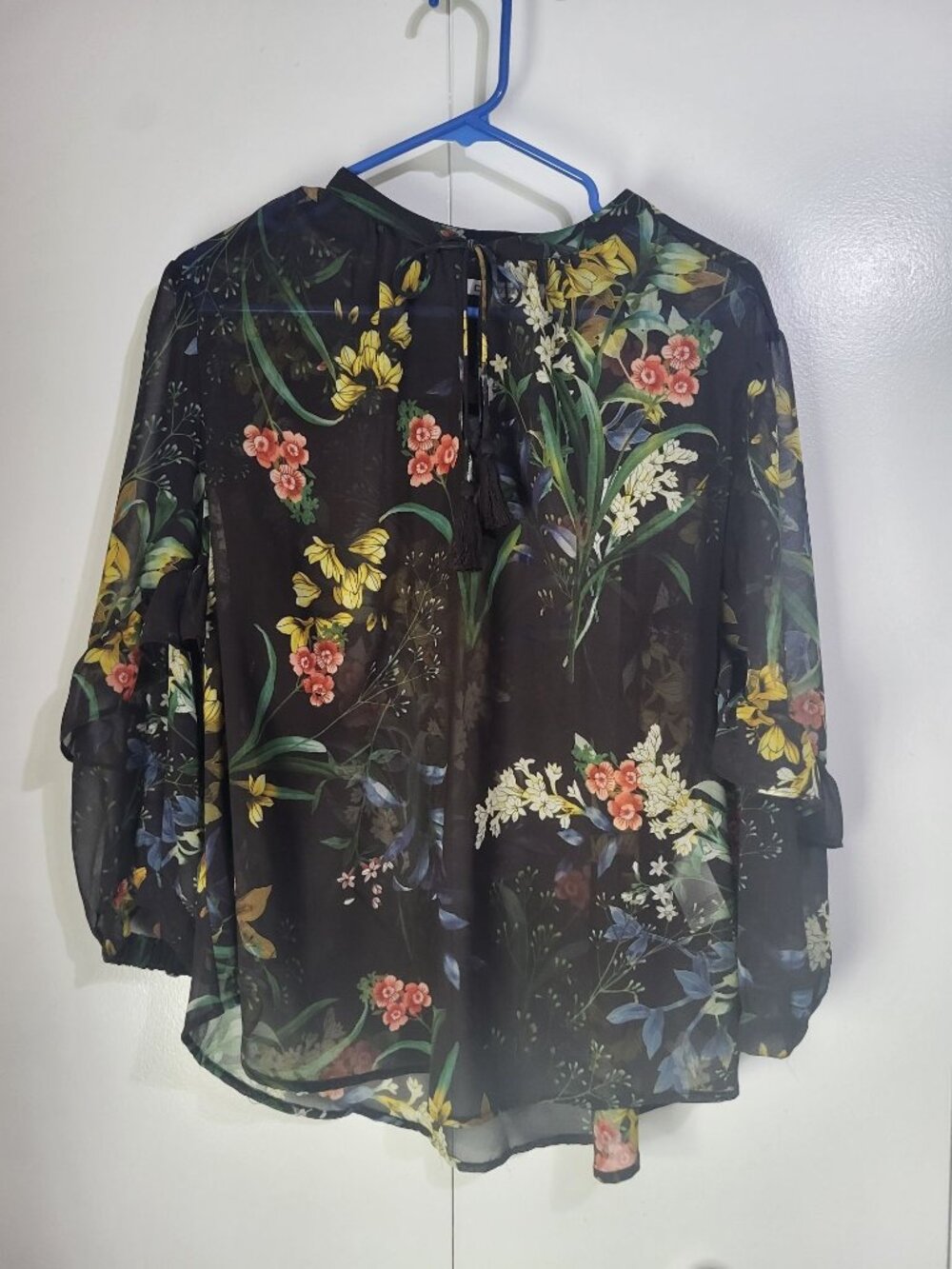 Chico's Womens SZ 2 Black Floral Sheer Blouse Top Whimsigoth Prairie Tassel LG - Picture 1 of 8